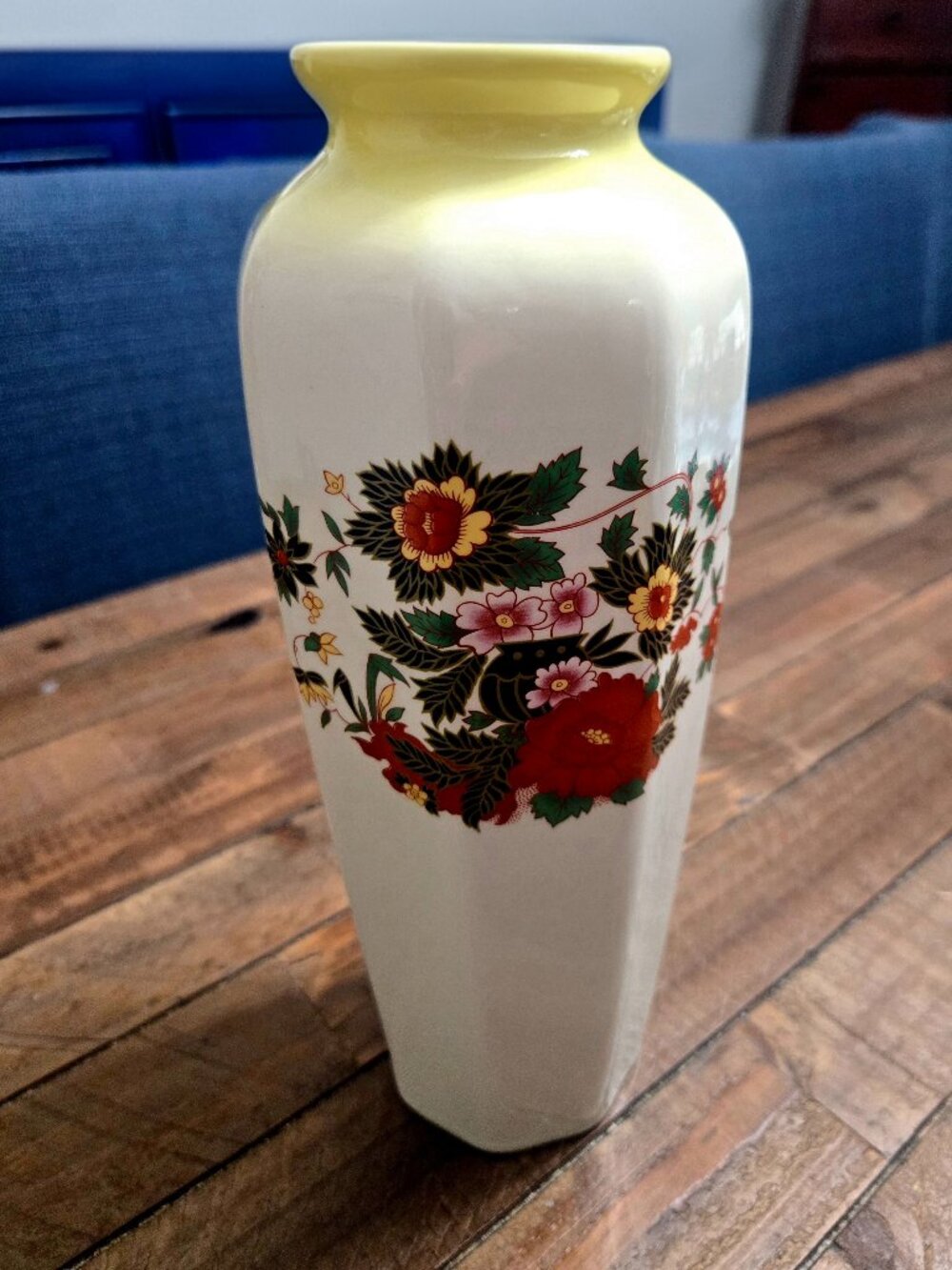 Vintage Japanese Floral Vase Octagonal 10 inch Porcelain‎ Boho Chinoiserie